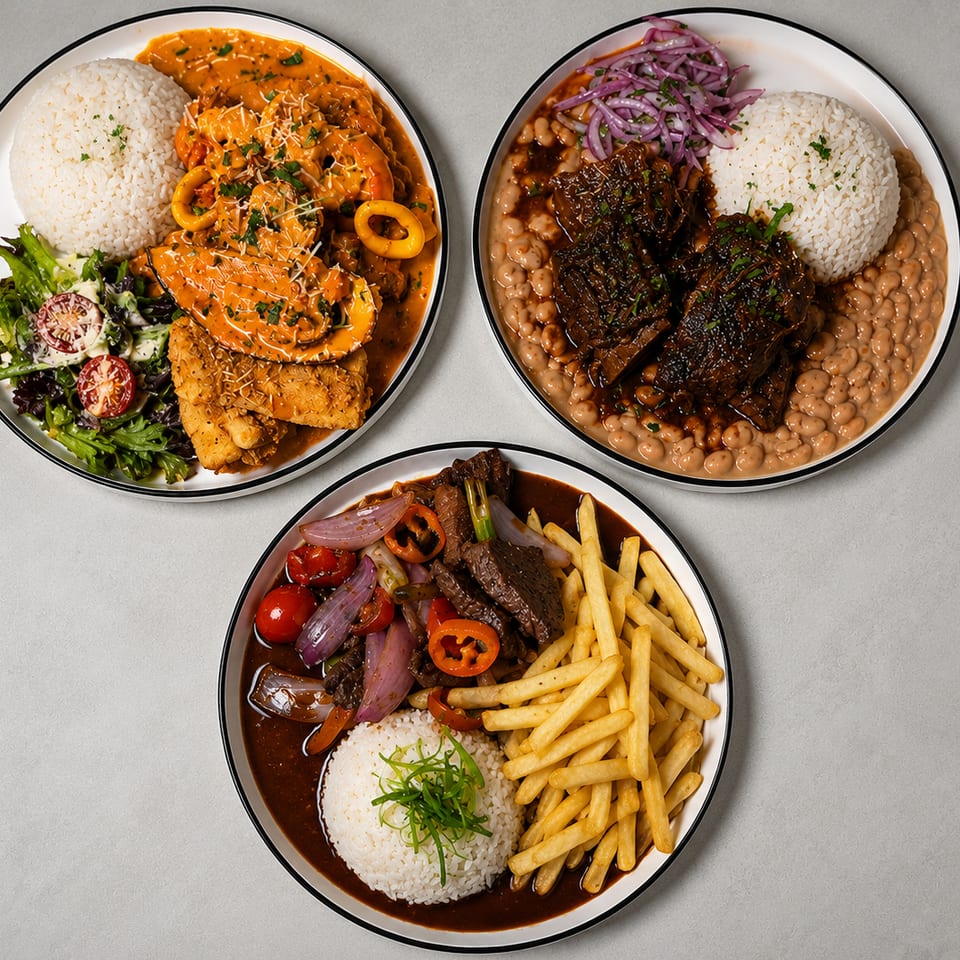 Three plates of Peruvian food, including seafood, beef stew, and lomo saltado, on a white table.