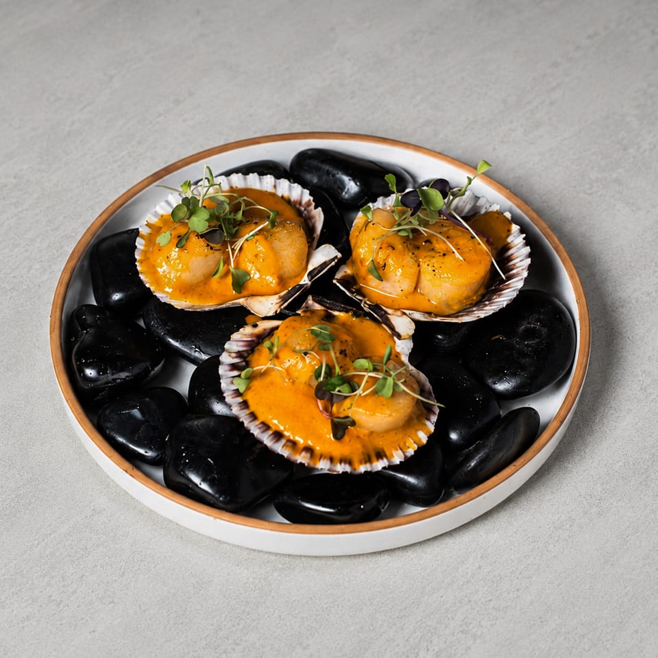 Three scallops in shells topped with orange sauce and microgreens, arranged on black stones in a serving dish.