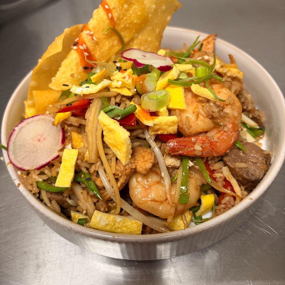 Bowl of fried rice with shrimp, chicken, vegetables, egg strips, radishes, and crispy wonton chips.