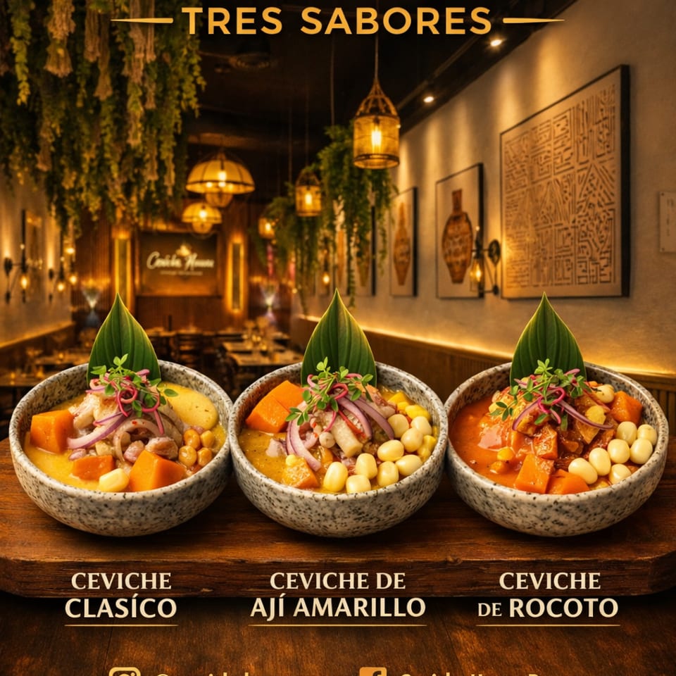 Three bowls of Peruvian ceviche—classic, ají amarillo, and rocoto—displayed in a warmly lit restaurant beneath hanging greenery.