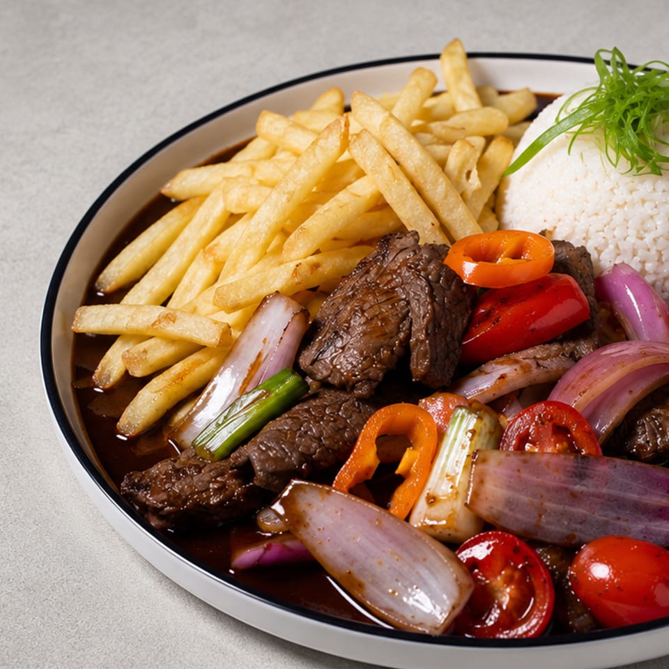 Plate of grilled beef, fries, rice, roasted onions, peppers, tomatoes, and green onions in dark sauce.