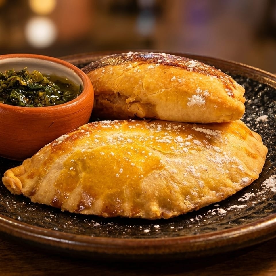 Two golden-brown empanadas dusted with powdered sugar, served with a side of green chimichurri sauce.