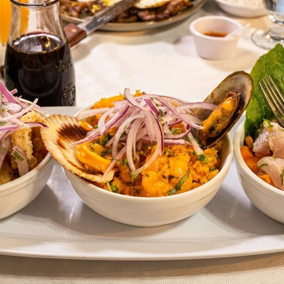 Three bowls of Peruvian seafood dishes, including fried calamari, arroz con mariscos, and ceviche.