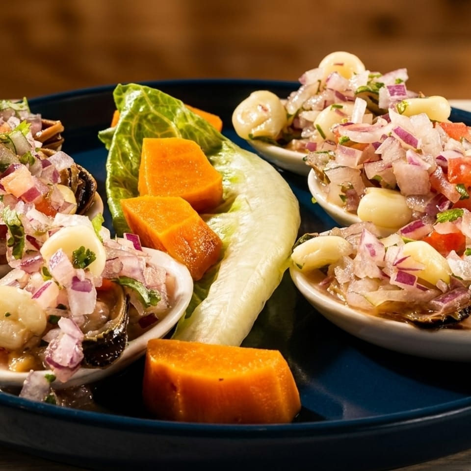Ceviche spoons with diced red onion, tomato, corn, and sweet potato on a blue plate.