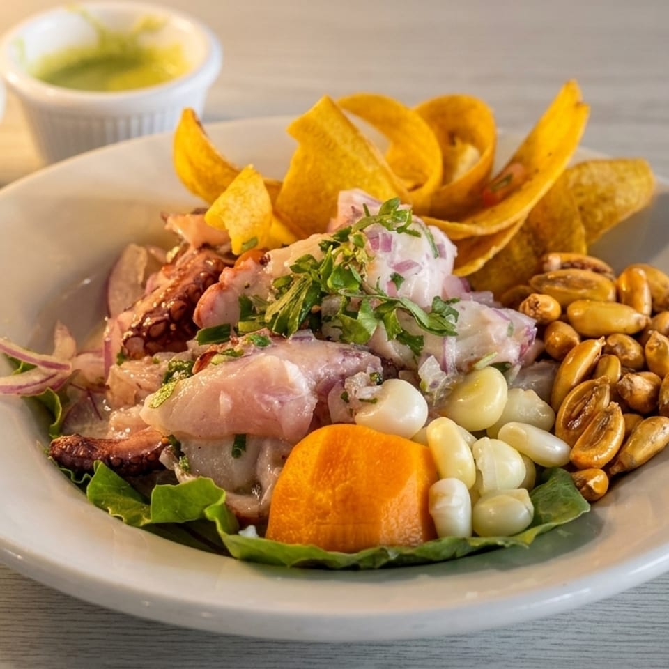 Peruvian ceviche with seafood, plantain chips, corn, and sweet potato, served with two dipping sauces.