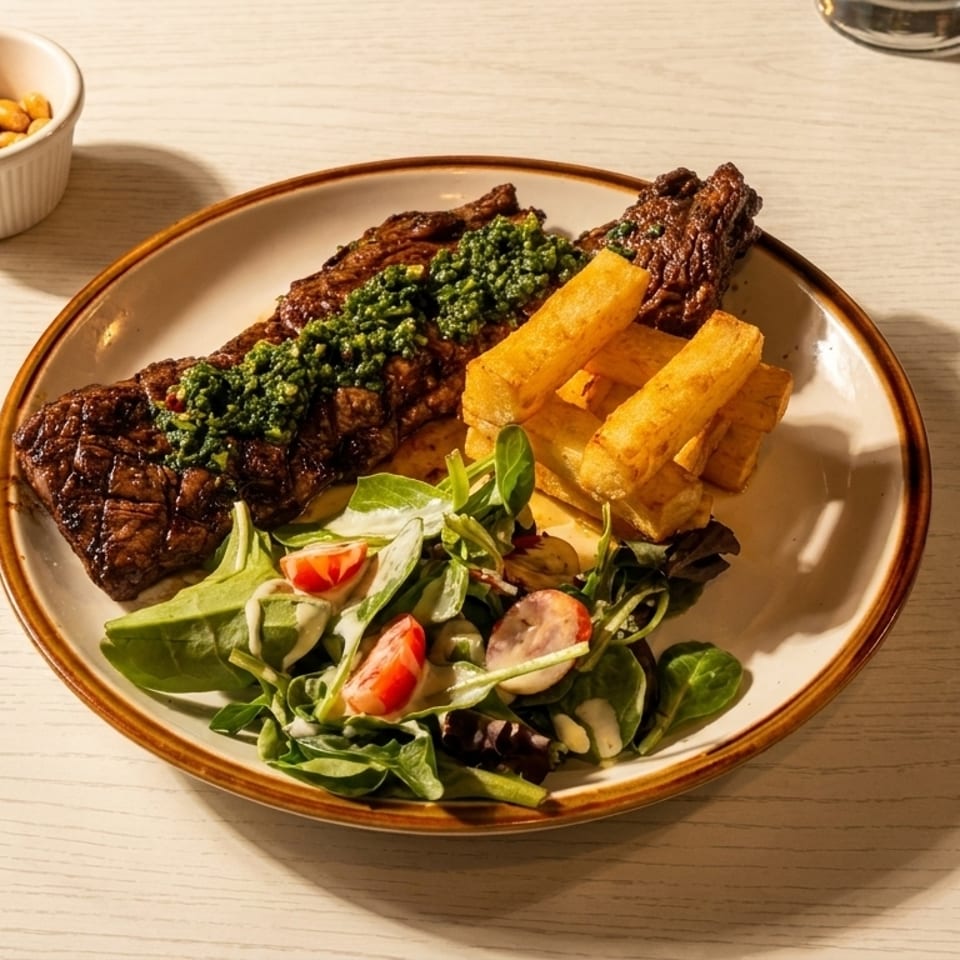Grilled steak with chimichurri, yuca fries, and a side salad, with rice and corn nuts.